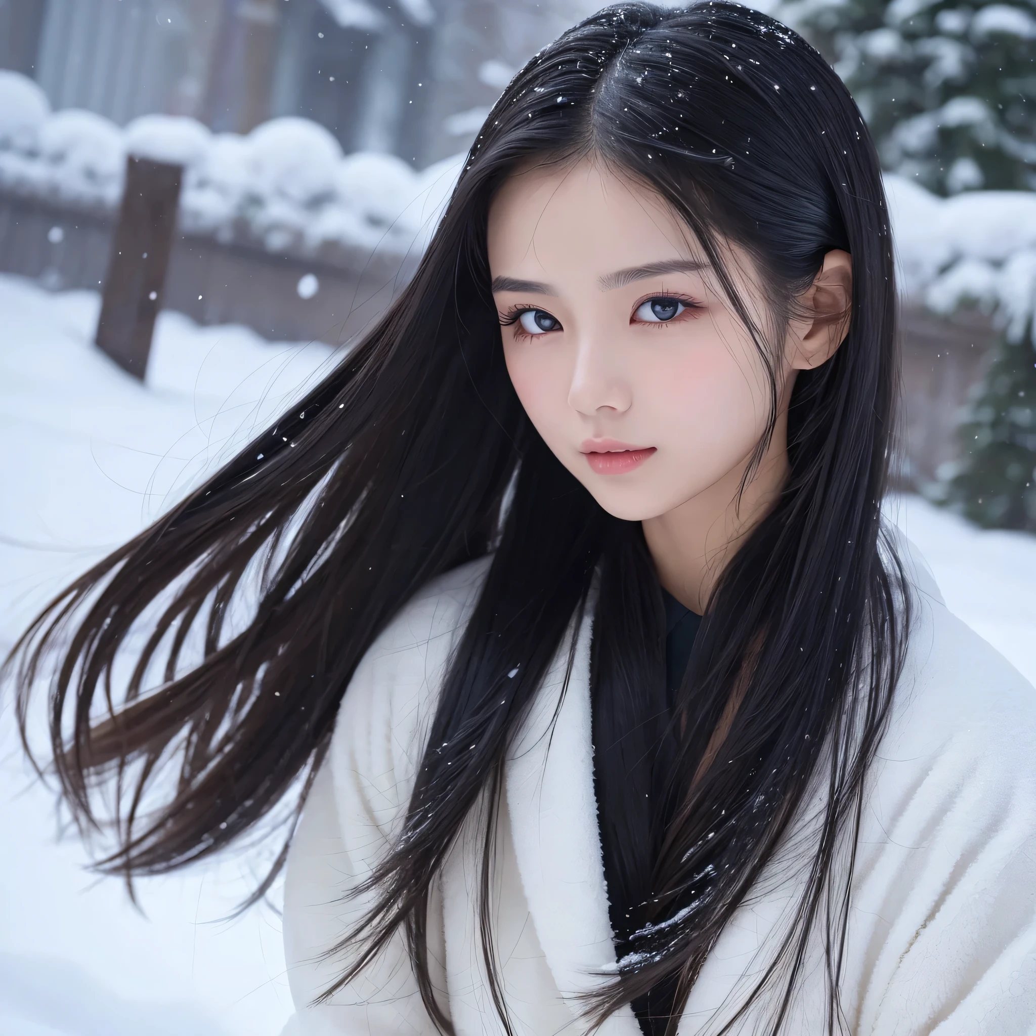 Close-up of face - You have long black and shiny hair,Usually tied into a ponytail,Looks fresh and natural。Your skin is as white as snow,Blowing bombs can be broken,Gives a feeling of purity。