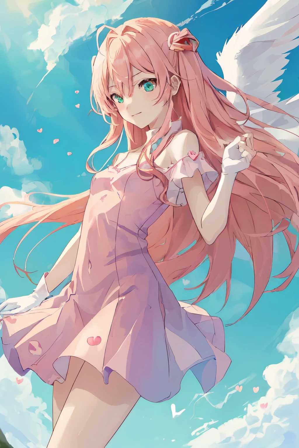 1_girl, (anime, kawai:2), (masterpeice, best_quality, clean:1.5), (sky_background:1.2), (cute, cute_smile, young:1.5), (delicate, beautiful, thin:1.5), (girlfriend, angel:1.8), (green_eyes, simple_eyes:1.5) (long_hair, blond_hair, wearing_pink_dress, pink_angel_wings, sexy_gloves:1.5), extremely_delicate, (love_magic:1.5), (age_size_fits_body), (small_thighs:1.3), (breasts), (eye_level:1.3), (heart_magic, love:1.5), (fighting:1.5)