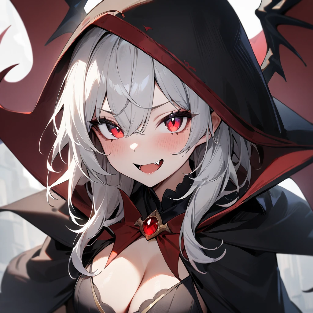 1 girl,White hair,red eyes,Solo,portrait,Cleavage, fang vampire,Black Cape,masterpiece, best quality, very aesthetic, absurdres masterpiece, best quality, very aesthetic, absurdres masterpiece, best quality, very aesthetic, absurdres,looking at viewer,