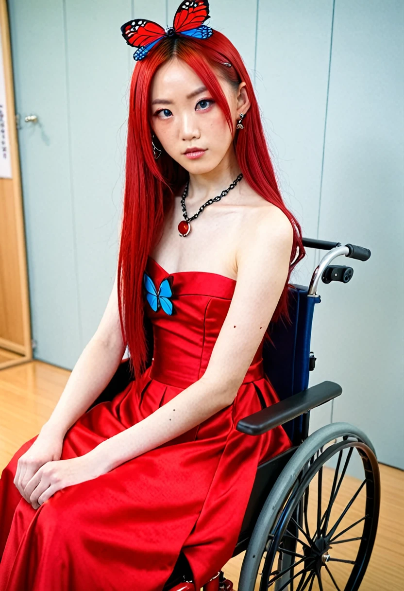 Uhd, photo of Cami, subject: Noriko, 1/2 Japanese 1/2 Hainu skinny girl in 2/00 a large red wheelchair with long red hair, blue+++ eyes, oval face, LGBTQIA+, queer, punk style, wearing red long dress, buttefly hairclip, tattooes. She is very angry and looks towards the camera..
