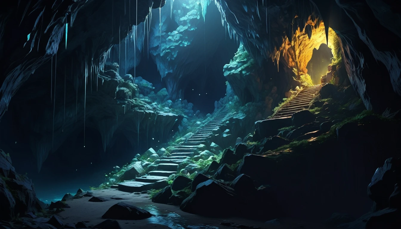 (anime, fantasy, cave), (detailed CG unity 8k wallpaper, masterpiece, best quality, ultra-detailed, HDR:1.2), intricate, vibrant colors, mysterious atmosphere, cave, stalagmite, stalactite, goblin liar, dirty cave, small tunnel, isolated tunnel, dark tunnel: 1.5