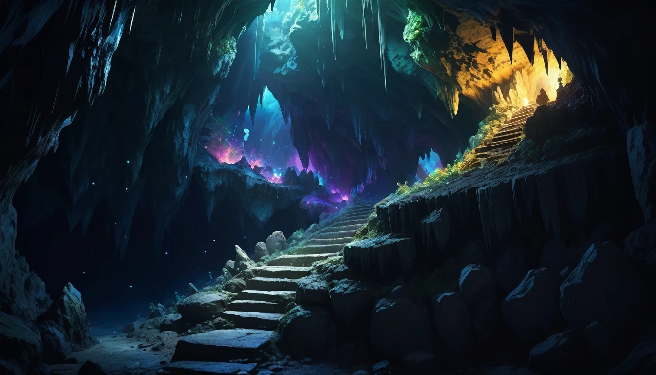 (anime, fantasy, cave), (detailed CG unity 8k wallpaper, masterpiece, best quality, ultra-detailed, HDR:1.2), intricate, vibrant colors, mysterious atmosphere, cave, stalagmite, stalactite, goblin liar, dirty cave, small tunnel, isolated tunnel, dark tunnel: 1.5