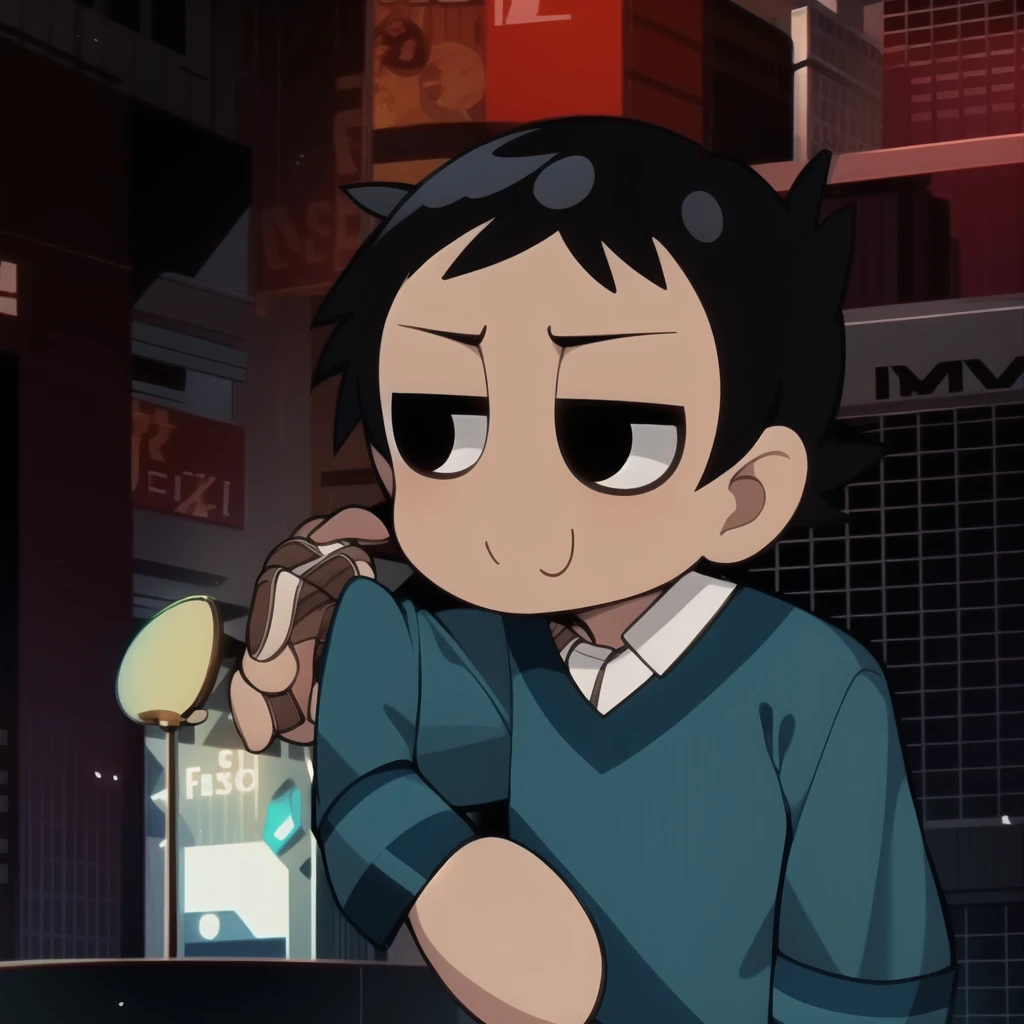 boy, shirt, short sleeves, pants, cute smile, full body, chibi, black hair, city background, (((Solo)))