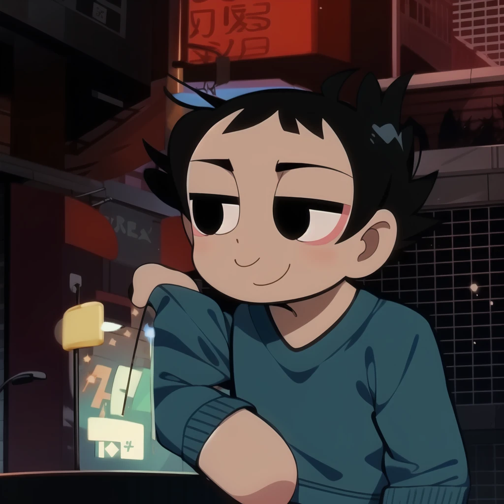 boy, shirt, short sleeves, pants, cute smile, full body, chibi, black hair, city background, (((Solo)))