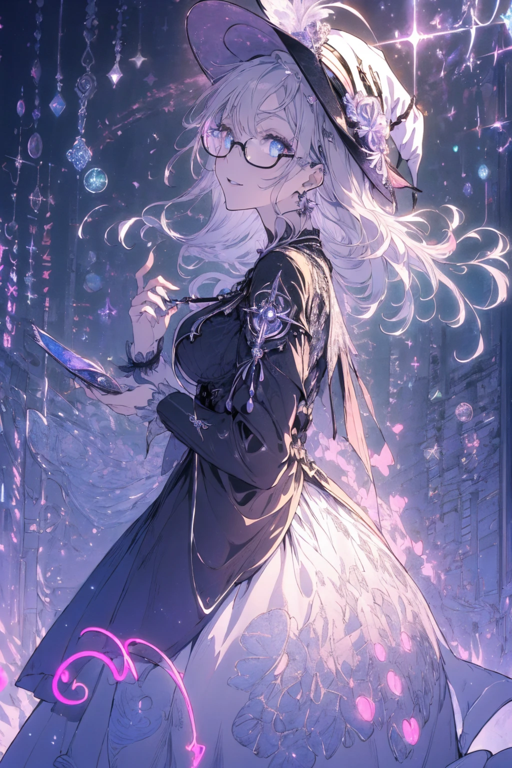 (witchcraft photo:1.1,in neon downtown:1.5), Masterpiece, best quality, (very detailed CG unity 8k wallpaper), (best quality), High definition RAW color art, Animation,sculptures, (silver Marble Skin), (((Ultra detailed elegant))), Magical atmosphere, Detailed skin, Texture,(Intricately detailed, Fine detail, ultra-detail art), depth of fields, bokeh, Silky Touch, Hyper Detail, beautiful eyes, Elegant Face, (ローブ, profile, looking here), sparkle background, (silver hair), pastel purple, fat, shorthair, dress, フリル, witchcraft hat, Round Glasses:1.4, enormous breast, リボン, kawaii smile