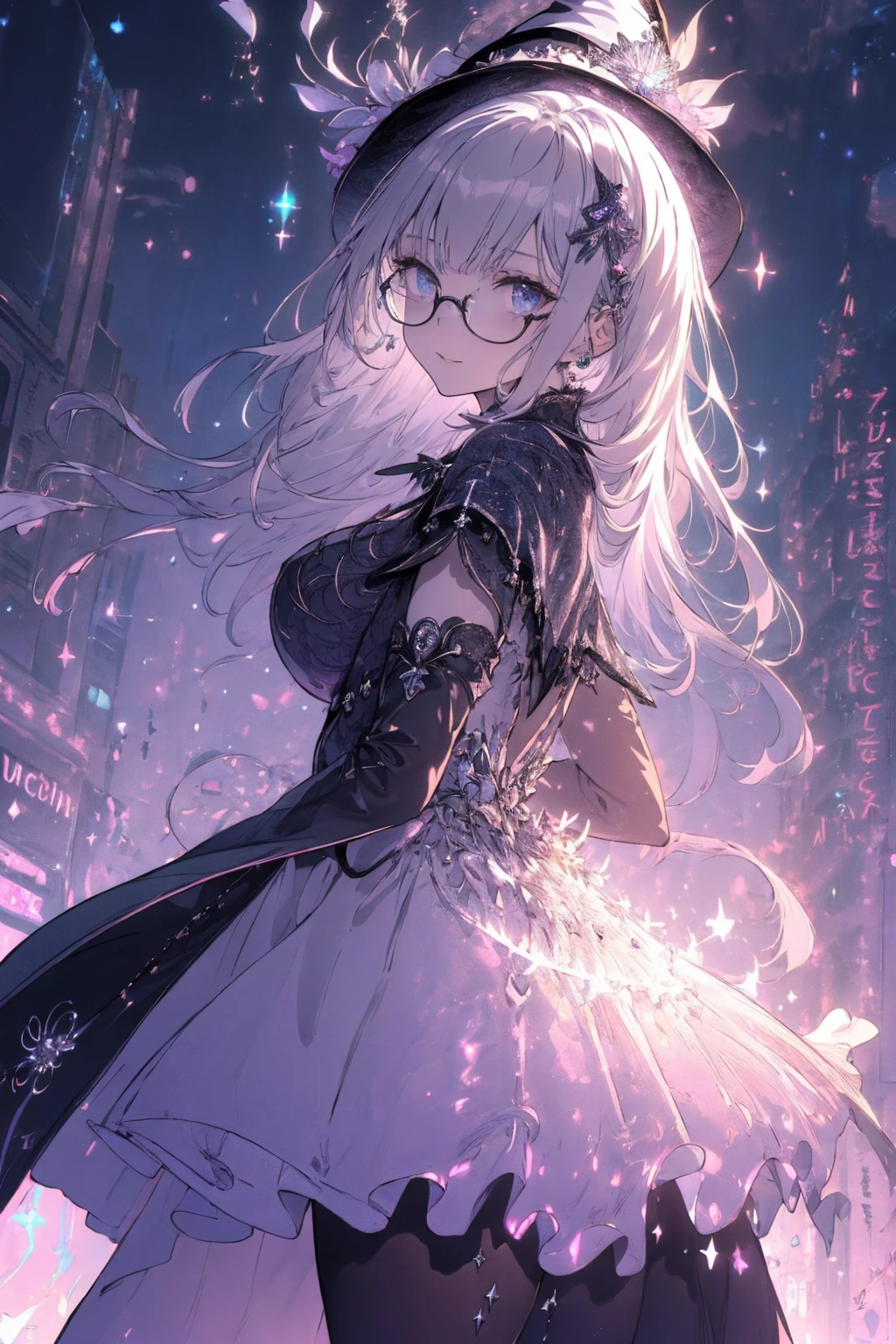 (witchcraft photo:1.1,in neon downtown:1.5), Masterpiece, best quality, (very detailed CG unity 8k wallpaper), (best quality), High definition RAW color art, Animation,sculptures, (silver Marble Skin), (((Ultra detailed elegant))), Magical atmosphere, Detailed skin, Texture,(Intricately detailed, Fine detail, ultra-detail art), depth of fields, bokeh, Silky Touch, Hyper Detail, beautiful eyes, Elegant Face, (ローブ, profile, looking here), sparkle background, (silver hair), pastel purple, fat, shorthair, dress, フリル, witchcraft hat, Round Glasses:1.4, enormous breast, リボン, kawaii smile