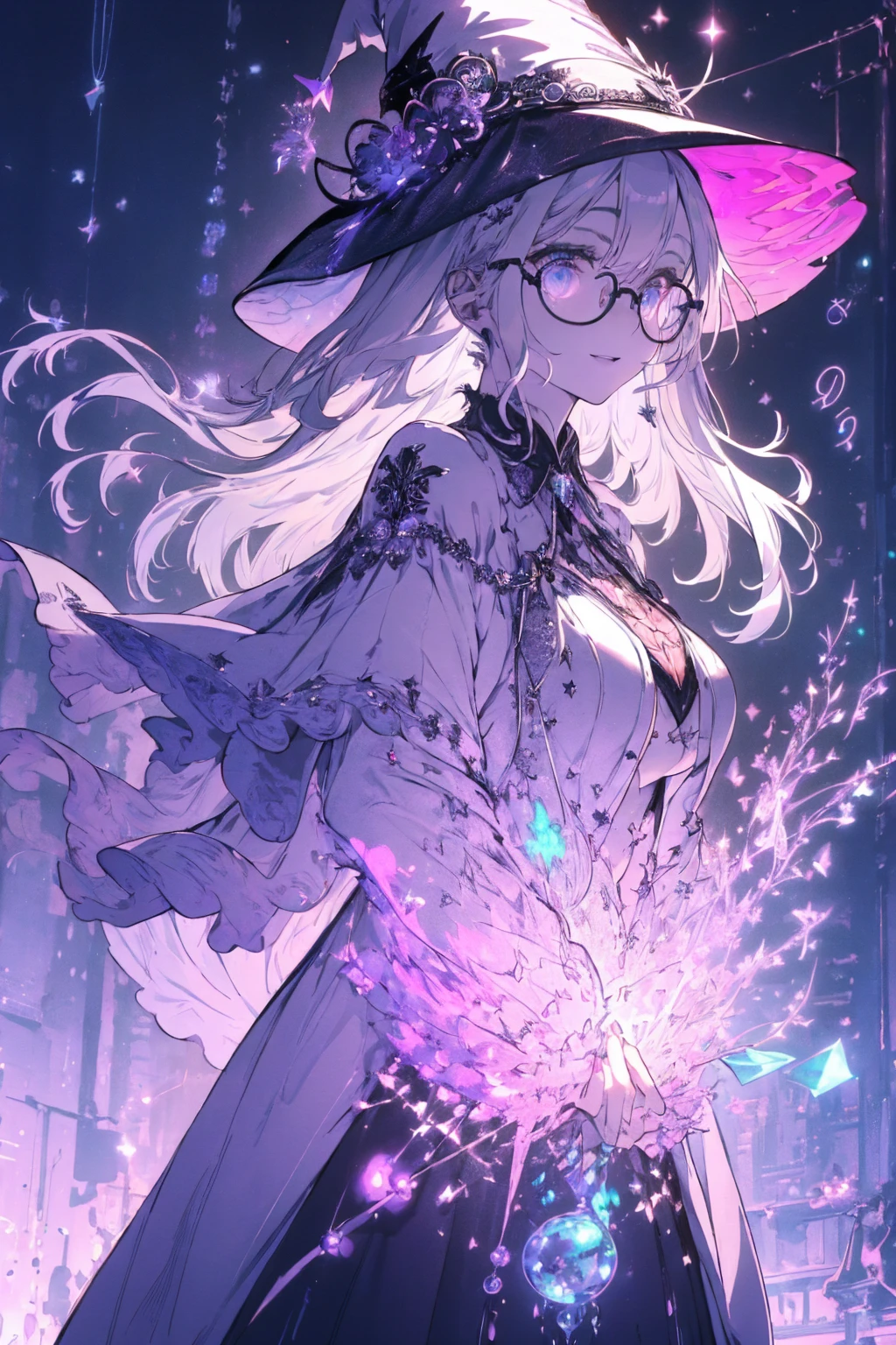 (witchcraft photo:1.1,in neon downtown:1.5), Masterpiece, best quality, (very detailed CG unity 8k wallpaper), (best quality), High definition RAW color art, Animation,sculptures, (silver Marble Skin), (((Ultra detailed elegant))), Magical atmosphere, Detailed skin, Texture,(Intricately detailed, Fine detail, ultra-detail art), depth of fields, bokeh, Silky Touch, Hyper Detail, beautiful eyes, Elegant Face, (ローブ, profile, looking here), sparkle background, (silver hair), pastel purple, fat, shorthair, dress, フリル, witchcraft hat, Round Glasses:1.4, enormous breast, リボン, kawaii smile