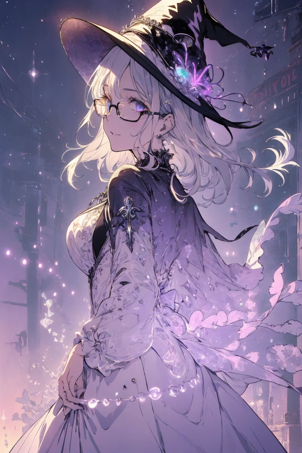 (witchcraft photo:1.1,in neon downtown:1.5), Masterpiece, best quality, (very detailed CG unity 8k wallpaper), (best quality), High definition RAW color art, Animation,sculptures, (silver Marble Skin), (((Ultra detailed elegant))), Magical atmosphere, Detailed skin, Texture,(Intricately detailed, Fine detail, ultra-detail art), depth of fields, bokeh, Silky Touch, Hyper Detail, beautiful eyes, Elegant Face, (ローブ, profile, looking here), sparkle background, (silver hair), pastel purple, fat, shorthair, dress, フリル, witchcraft hat, Round Glasses:1.4, enormous breast, リボン, kawaii smile