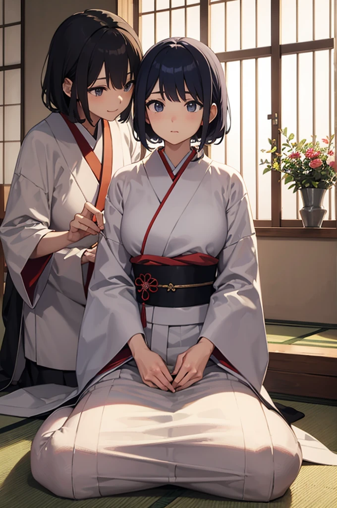 Japanese women'whole body、Floral frame、Decorative panel、Abstract art、Alphonse Mucha (masterpiece、Highest quality、High resolution: 1.4)、detailed、Female student, Intricate details、4K、Splashes of color、Line art、Fibonacci、face, Shiny ribbon on the chest、とても長いBraiding, 笑face, Kimono Hakama,Affectionate, cute, 8-year-old, Golden hair ornament, Navy blue hakama, Braiding<Braidingが可愛い, I want to hug you, Invite, lipstick、Very shiny hair、Laughter、Bright expression、His brown, His hollow eyes were shining.、curiosity、