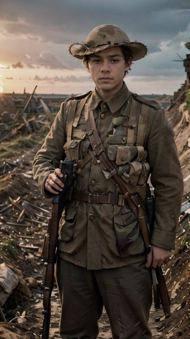 (masterpiece), best quality, expressive eyes, perfect face, cliffs, man, trenches, dirty, uniform, realistic, HD, holding Rifle, Enfield rifle, Somme, trench warfare, bayonet, dusk, explosion, bombarded, Harry Styles, stock rifle