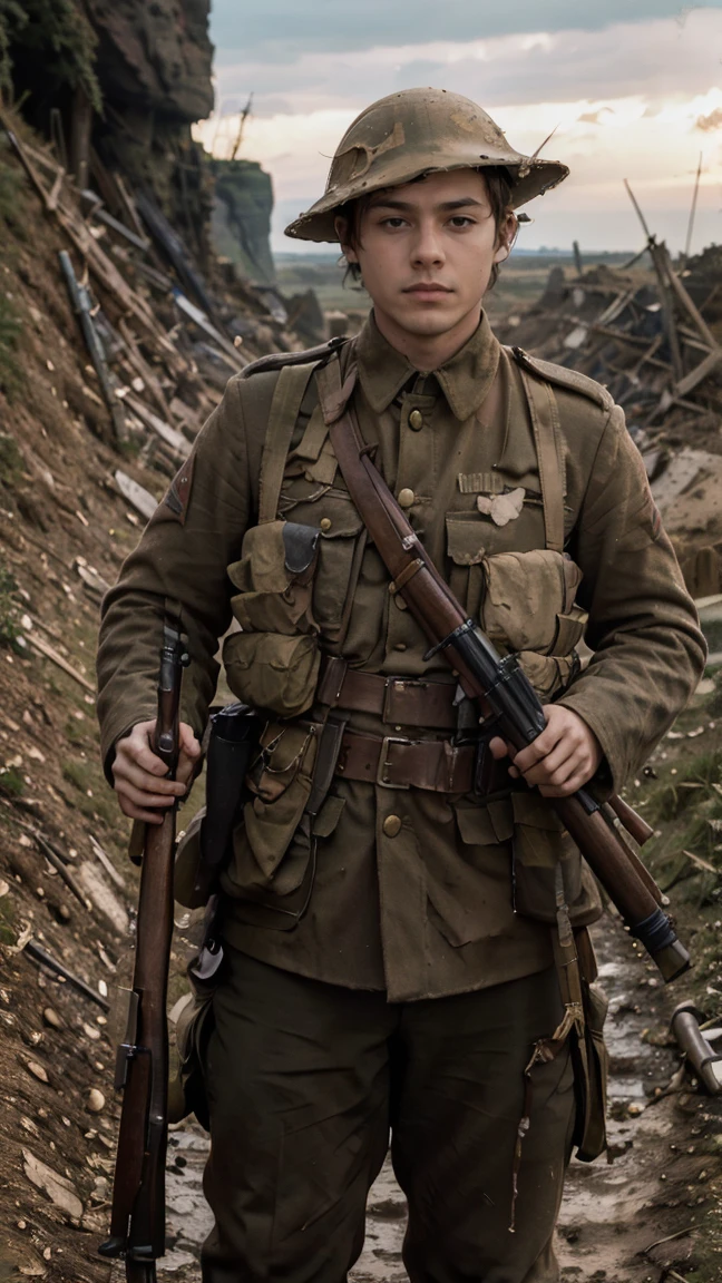 (masterpiece), best quality, expressive eyes, perfect face, cliffs, man, trenches, dirty, uniform, realistic, HD, holding Rifle, Enfield rifle, Somme, trench warfare, bayonet, dusk, explosion, bombarded, Harry Styles, stock rifle