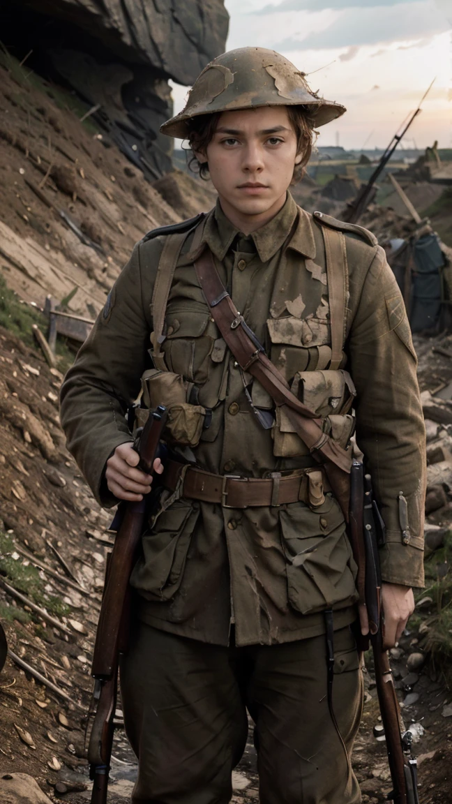 (masterpiece), best quality, expressive eyes, perfect face, cliffs, man, trenches, dirty, uniform, realistic, HD, holding Rifle, Enfield rifle, Somme, trench warfare, bayonet, dusk, explosion, bombarded, Harry Styles, stock rifle