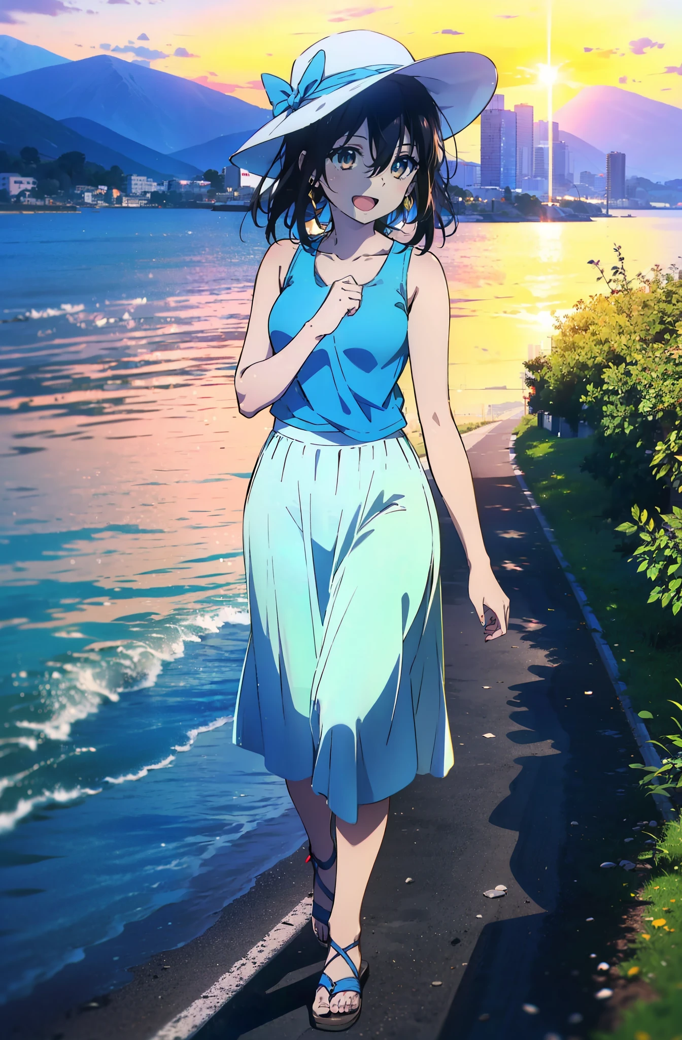 Himeragi Yukina, One Girl,Brown eyes, Black Hair, Hair between the eyes, Medium Hair, Medium chest,happy smile, smile, Open your mouth,White Hat,Blue Tank Top,Blue long skirt,Cute Sandals,whole bodyがイラストに入るように,Walking,Sunset,evening,The sun is setting,　　　　　　　　　　　　　　　　　　break looking at viewer, whole body, 　　　　　　　　　break outdoors,Coastal Road, 　　　　　　　　　　　break (masterpiece:1.2), Highest quality, High resolution, unity 8k wallpaper, (shape:0.8), (Beautiful and beautiful eyes:1.6), Highly detailed face, Perfect lighting, Extremely detailed CG, (Perfect hands, Perfect Anatomy),