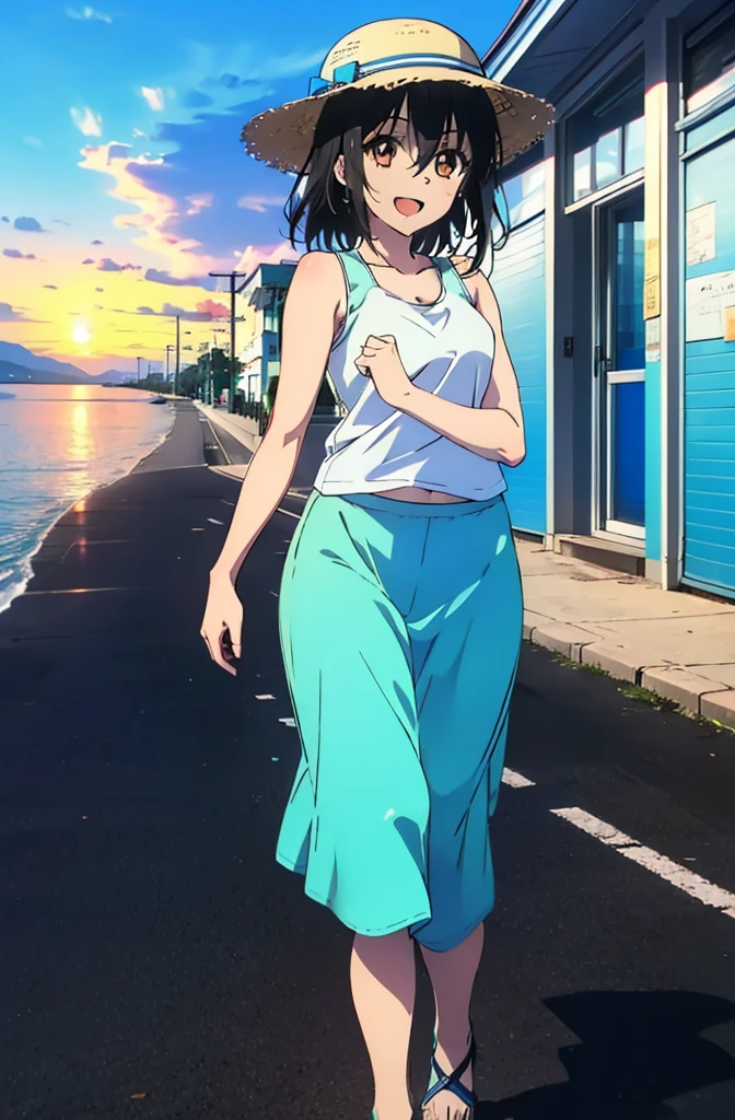 Himeragi Yukina, One Girl,Brown eyes, Black Hair, Hair between the eyes, Medium Hair, Medium chest,happy smile, smile, Open your mouth,White Hat,Blue Tank Top,Blue long skirt,Cute Sandals,whole bodyがイラストに入るように,Walking,Sunset,evening,The sun is setting,　　　　　　　　　　　　　　　　　　break looking at viewer, whole body, 　　　　　　　　　break outdoors,Coastal Road, 　　　　　　　　　　　break (masterpiece:1.2), Highest quality, High resolution, unity 8k wallpaper, (shape:0.8), (Beautiful and beautiful eyes:1.6), Highly detailed face, Perfect lighting, Extremely detailed CG, (Perfect hands, Perfect Anatomy),