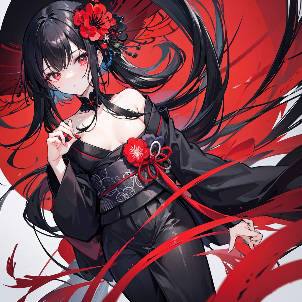 A black-haired woman wearing a black kimono with a red spider lily painted on it