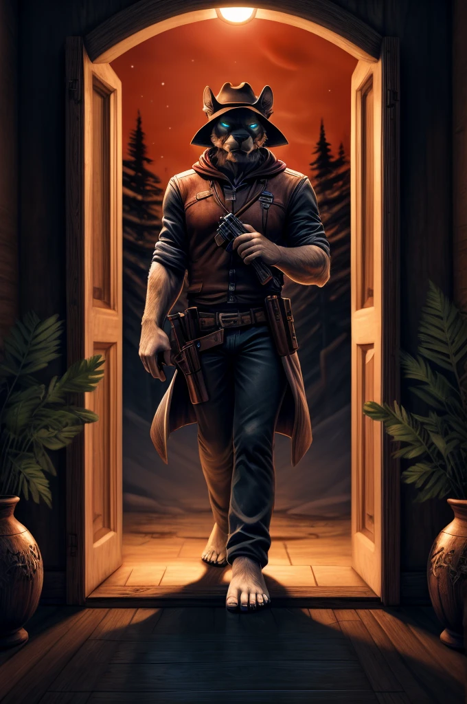 (((Barefoot furry character, full body, cinematic setting, furry male, plantigrade)))
portrait, ((mysterious gunslinger)), ((holding smoking gun)), ((holding revolver)), long black fur, entering saloon, alone ,strange, surreal, desolate, ghostly, eerie, lonely, solitude, short red cloak,red glowing eyes, fantastical, dangerous,night sky,red sky, cinematic lighting, volumetric lighting, Film grain, cinematic film still, shallow depth of field, highly detailed, (western atmosphere), black cowboy hat
BREAK, intricate details, highly detailed, extreme detail, octane render, fine art, best quality, highres, (detailed face:1.5), ((full_body)), UHD, (((perfect hands))), low light
