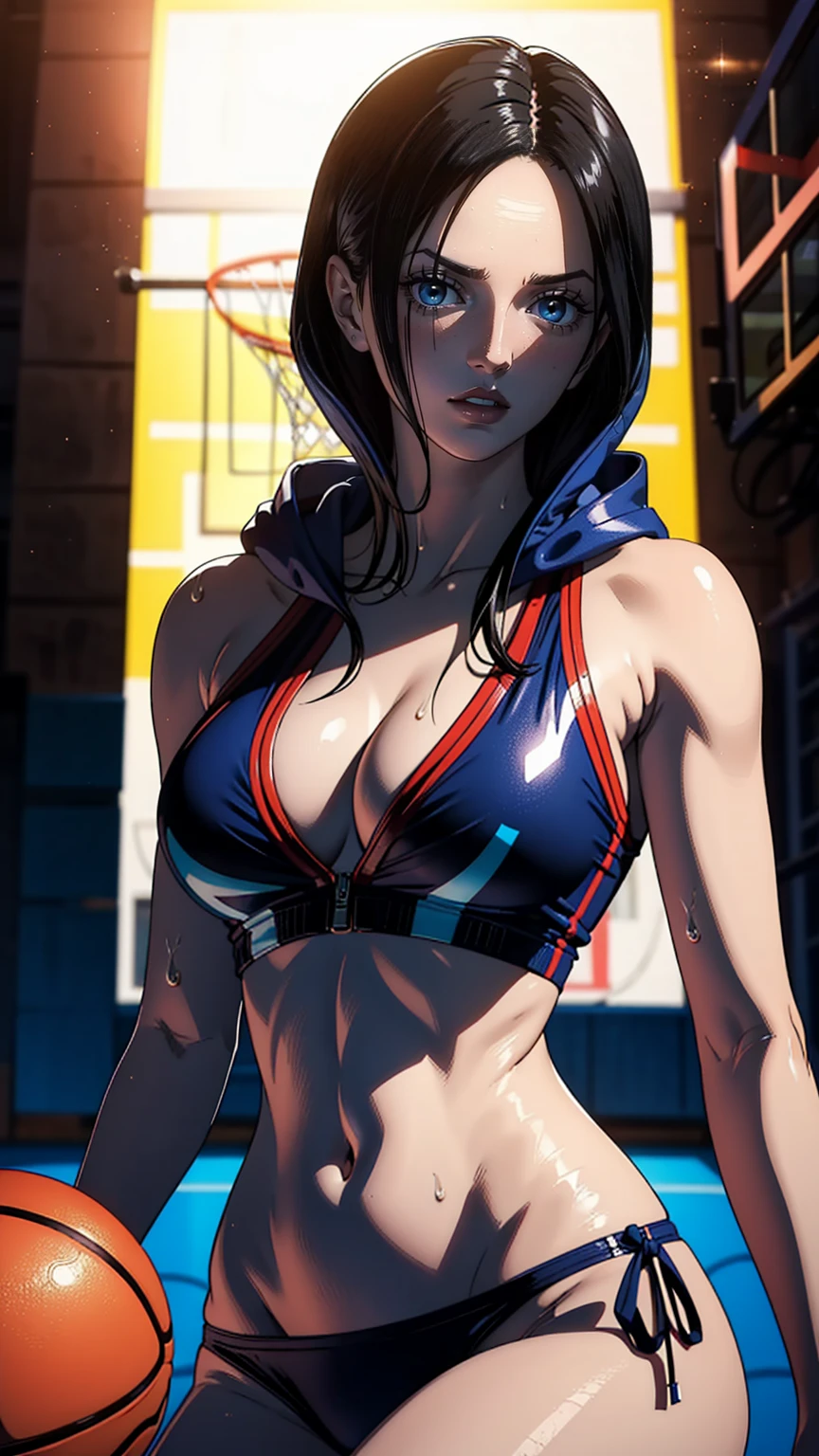 (best quality,masterpiece:1.2), ultra HD, realistic, 1girl with vibrant black hair, full body portrait, wearing a y bikini outfit, playing basketball in hood+[basketball court,+sunset, vibrant colors, action-packed, athletic physique]+[dripping sweat:0.9, energetic, powerful moves]+blue color palette, warm and dramatic lighting.