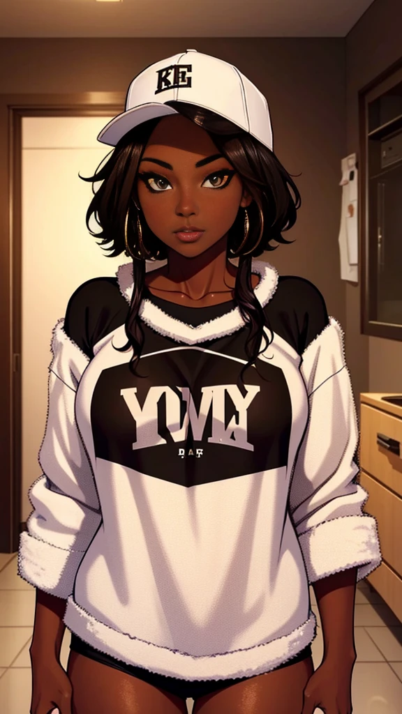 Dark skin ebony young woman in an oversized fuzzy fitted shirt, clearly defined brown eyes