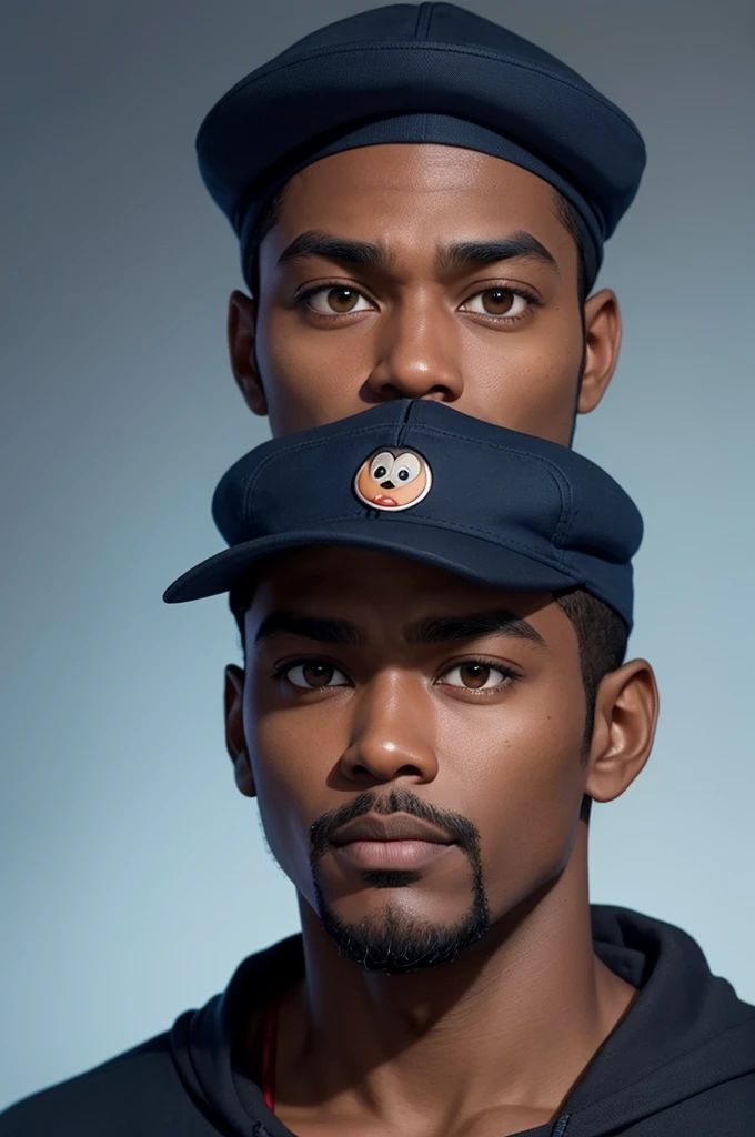 Dark-skinned man, goatee, Round face, in disney pixar style cap