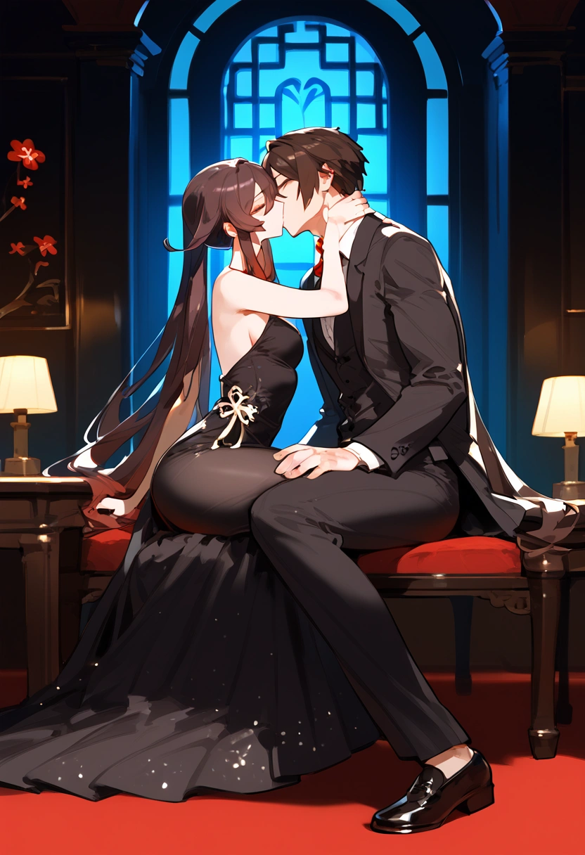 anime artwork, score_9, score_8_up, score_7_up, score_6_up, score_5_up, score_4_up, hu tao, she is 24 years old, style_3, sit,,,,,,,,,, dress, 1boy, zhongli, he grabbing her ass, they are kissing, indoors