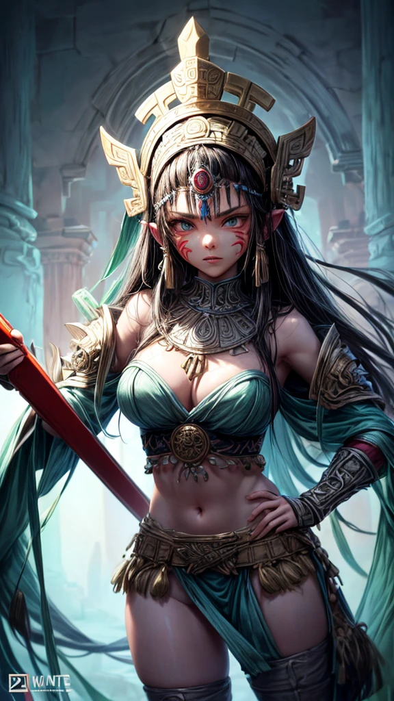 young Aztec ager, ancient Aztec warrior, wielding a sword, evil look, combat stance, face paint, body paint, sexy, medium breasts, ancient Aztec battle costume and armor, Aztec pyramid in the background, highly detailed and vibrant appearance, creative behavior, extremely detailed, imaginative, sensual, spontaneous, highest quality, skin texture, intricate details (cinematic lighting), RAW photo, 8k, masterpiece, best quality, ultra detailed, highly detailed illustrations, extremely detailed, details intricate, high resolution, super complex details, extremely detailed 8k cg wallpaper,
