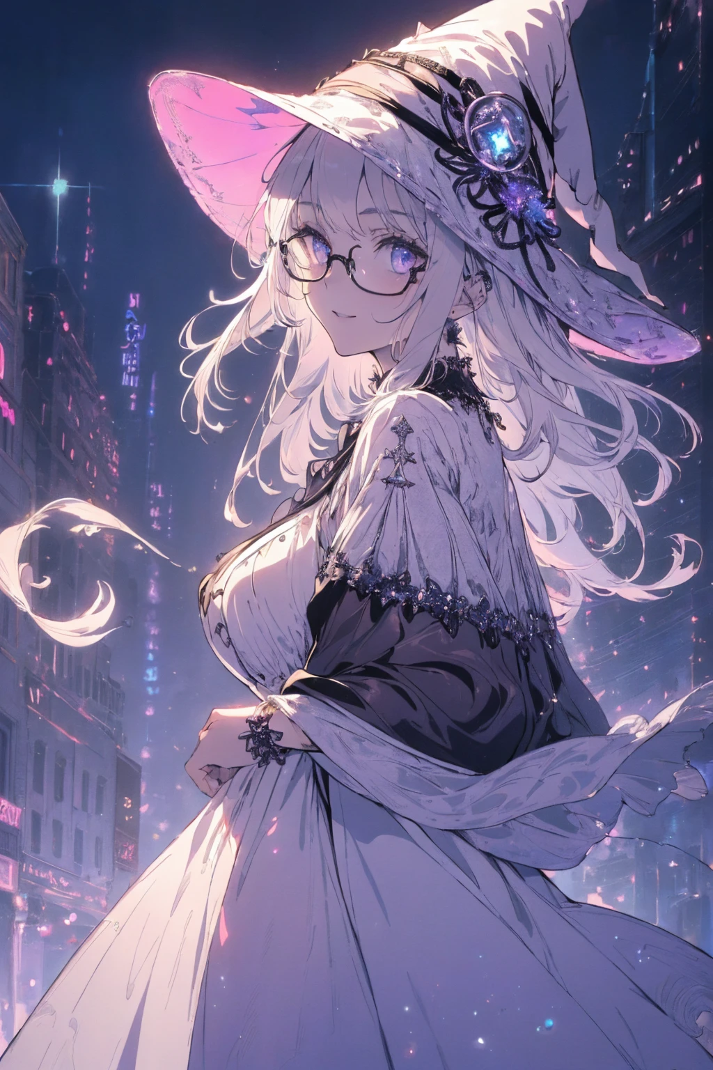 (witchcraft photo:1.1,in neon downtown:1.5), Masterpiece, best quality, (very detailed CG unity 8k wallpaper), (best quality), High definition RAW color art, Animation,sculptures, (silver Marble Skin), (((Ultra detailed elegant))), Magical atmosphere, Detailed skin, Texture,(Intricately detailed, Fine detail, ultra-detail art), depth of fields, bokeh, Silky Touch, Hyper Detail, beautiful eyes, Elegant Face, (ローブ, profile, looking here), sparkle background, (silver hair), pastel purple, fat, shorthair, dress, フリル, witchcraft hat, Round-Glasses:1.4, enormous breast, リボン, kawaii smile