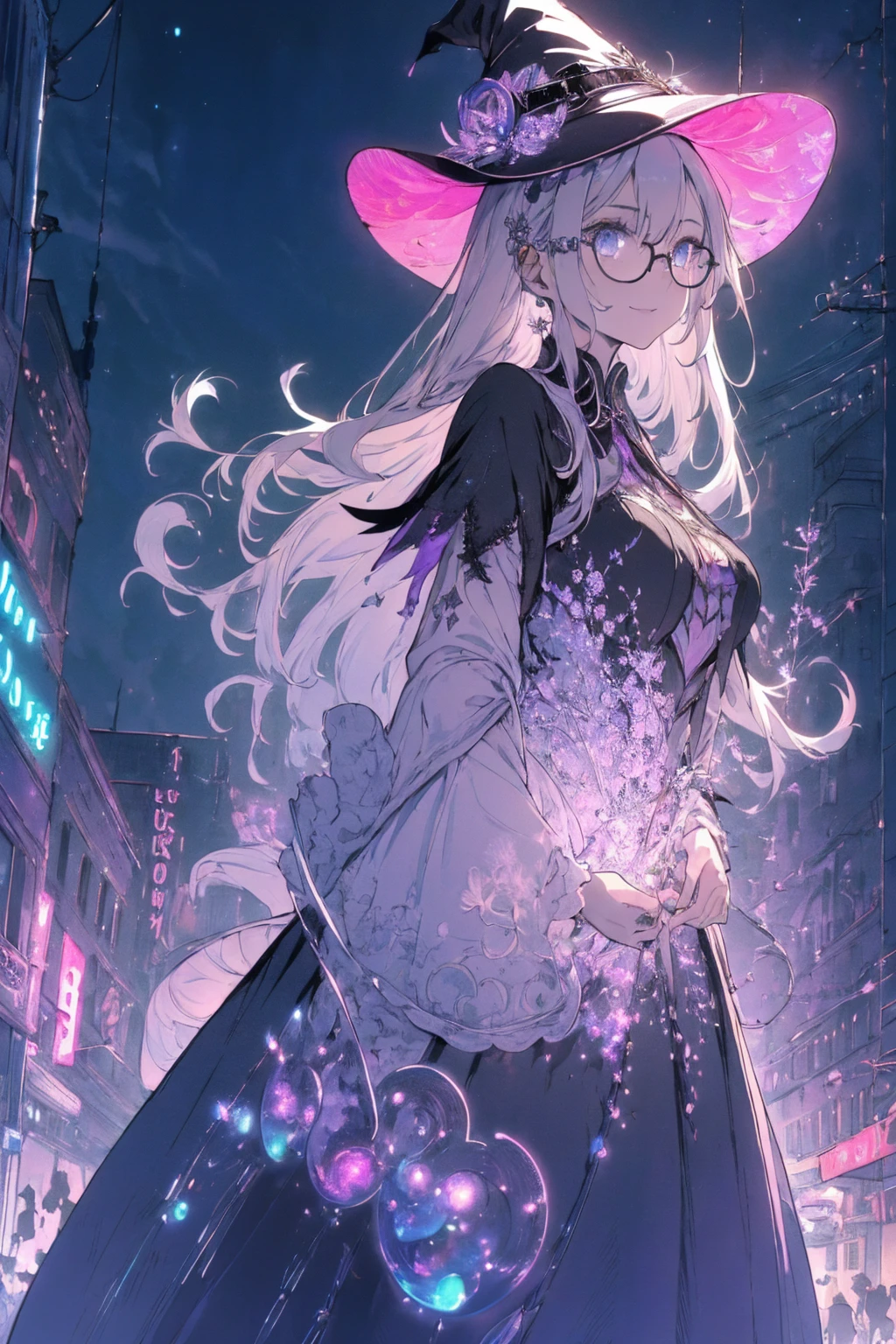 (witchcraft photo:1.1,in neon downtown:1.5), Masterpiece, best quality, (very detailed CG unity 8k wallpaper), (best quality), High definition RAW color art, Animation,sculptures, (silver Marble Skin), (((Ultra detailed elegant))), Magical atmosphere, Detailed skin, Texture,(Intricately detailed, Fine detail, ultra-detail art), depth of fields, bokeh, Silky Touch, Hyper Detail, beautiful eyes, Elegant Face, (ローブ, profile, looking here), sparkle background, (silver hair), pastel purple, fat, shorthair, dress, フリル, witchcraft hat, Round-Glasses:1.4, enormous breast, リボン, kawaii smile