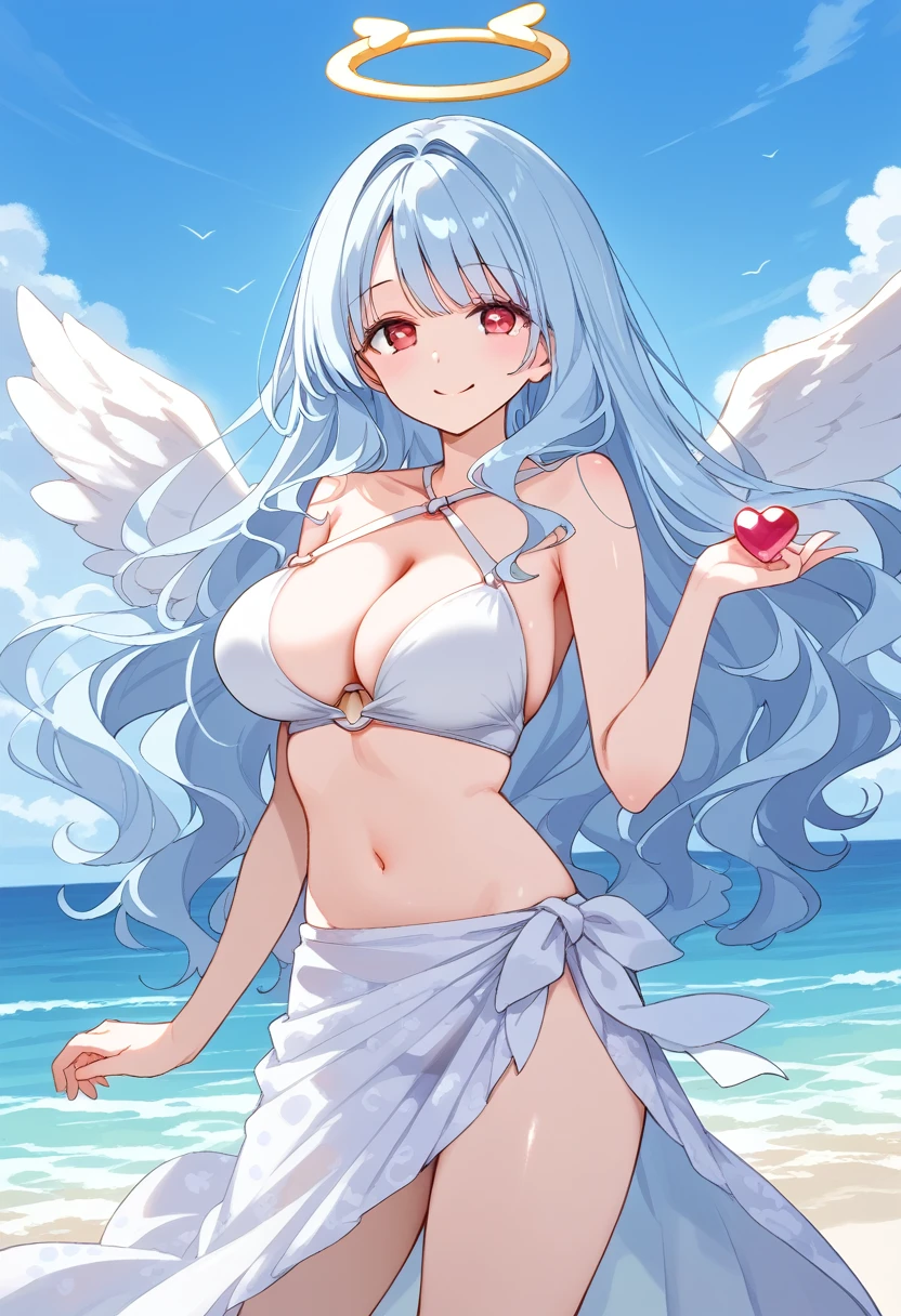 score_9, score_7_up, score_6_up, 1girl, source_cartoon, source_anime,breathtalking Scenery,watercolor,smooth soft skin, natural skin,anime screencap,brs
BREAK
(20 years old:1.2),1girl, (large breasts:1.3),Oily skin,smile,ultra cute face,(alluring physique:0.9),(Clione girl),coquettishly,slender,beautiful eyes, detailed eyes,puffy eyes, smile,
BREAK
(Long wavy hair:1.4),fluffy hair, (Light blue hair:1.3),(pearlwhite angel wings round fold:1.5),(garnet color eyes:1.1),wings round close, eyes open,(angel wings inspired by ice and snow),large intake hairstyle,
BREAK
(red Heart angel halo:1.8),(Heart angel halo of light:1.1),(Heart mark angel halo with red Heart shaped gem:1.3),angel halo motif red heart with red Heart gem,
BREAK
(heart o-ring:1.3), tied swimwear,outer,sarong pass,layered ruffles,frilled Separate swimwear,halter neck,
BREAK
wavy hand,sea,wave,island,tropical,dynamicangle,,breathtalking background, outdoors,pastelcolor,