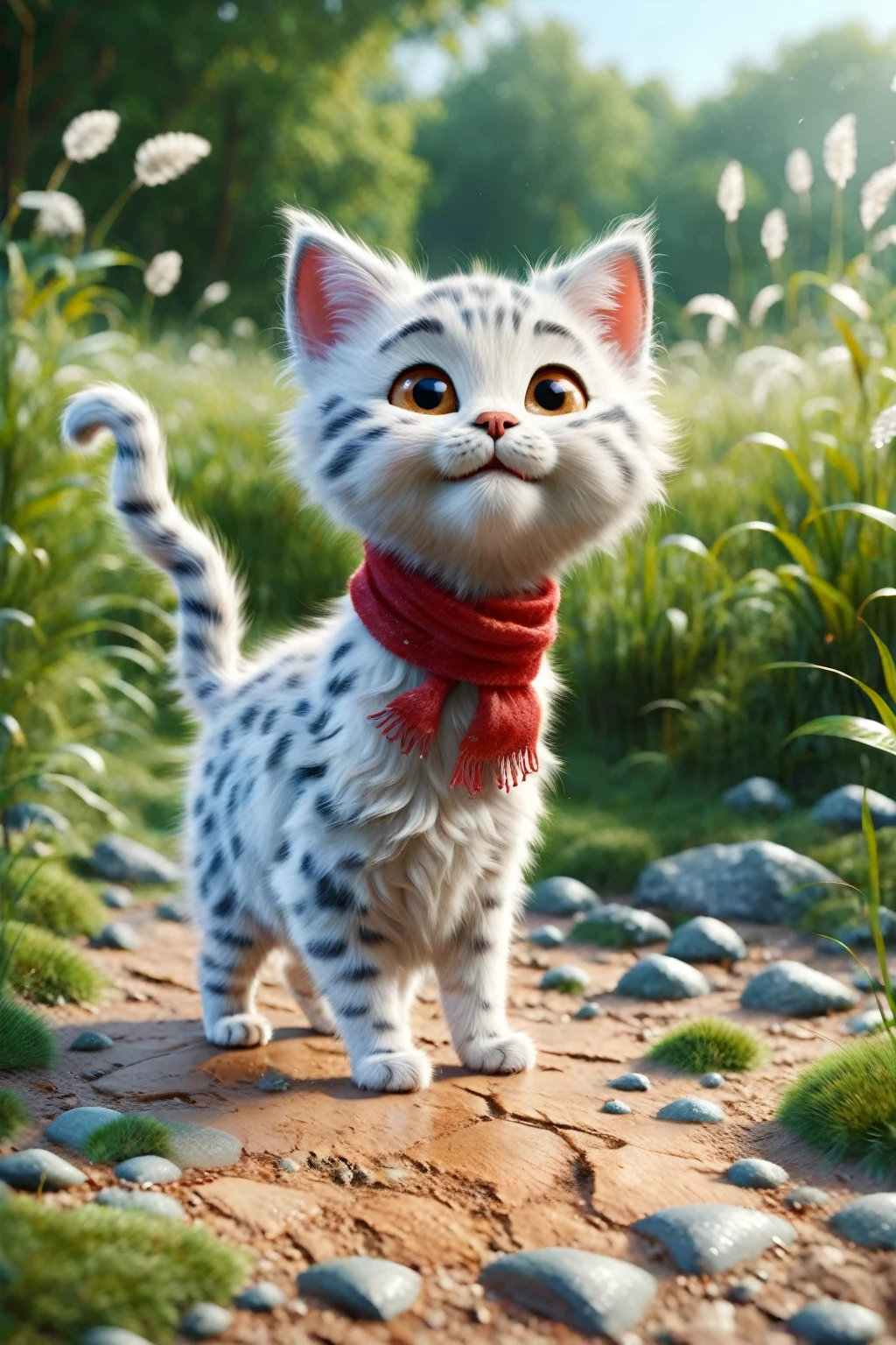 Ralph Raff,Little,masterpiece,Highest quality,original,Official Art,One cat,Red scarf,Grass,Blurred Background,Cartoon Rendering,Beautiful sparkle,(Detailed ice),Beautiful detailed water,I want a Disney Pixar style with a white background painted with watercolor 3D Animation Style,eat