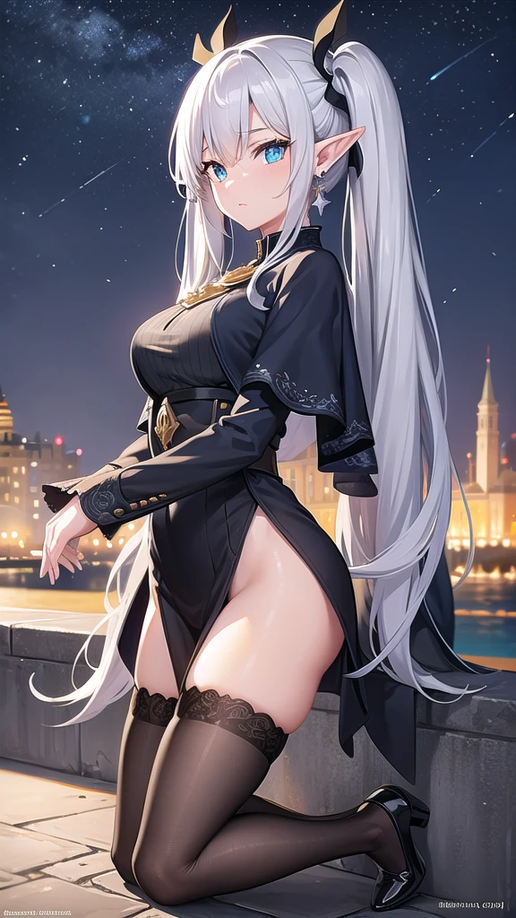 frieren, frieren, grey long hair, twintails, grey hair, pointy ears, elf,green eyes,
BREAK shirt, long sleeves, jewelry, pantyhose, earrings, striped,stockings, capelet, striped shirt,
BREAK looking at viewer, upper body, (full body:1.2),
BREAK outdoors, sky, castle, night, lights,moon, stars, starfall,
BREAK (masterpiece:1.2), best quality, high resolution, unity 8k wallpaper, (illustration:0.8), (beautiful detailed eyes:1.6), extremely detailed face, perfect lighting, extremely detailed CG, (perfect hands, perfect anatomy),
