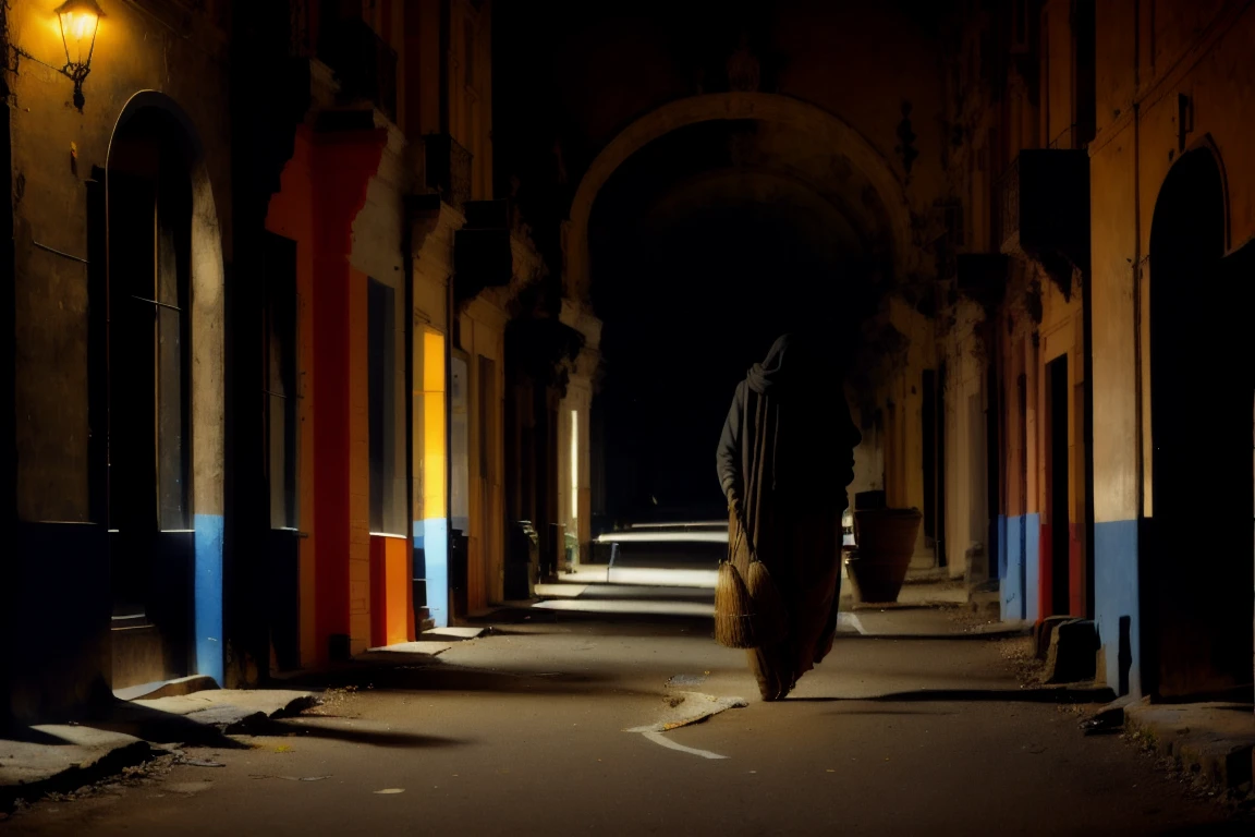 make a realistic , realism photo arafed with a broom and a backpack on a city street, by Joze Ciuha, by Fabien Charuau, by Etienne Delessert, by irakli nadar, by Pedro Pedraja, by Ibrahim Kodra, by Juan Carlos Stekelman, by Brad Holland, by Béla Nagy Abodi