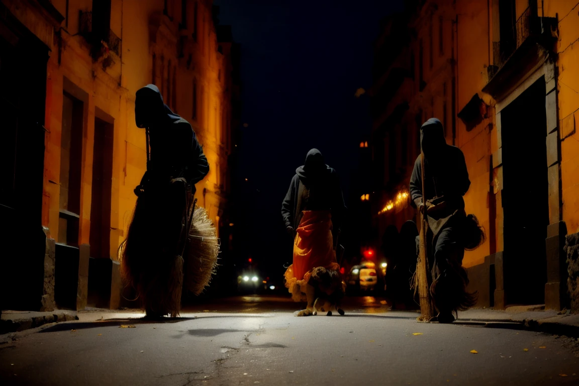 make a realistic , realism photo arafed with a broom and a backpack on a city street, by Joze Ciuha, by Fabien Charuau, by Etienne Delessert, by irakli nadar, by Pedro Pedraja, by Ibrahim Kodra, by Juan Carlos Stekelman, by Brad Holland, by Béla Nagy Abodi
