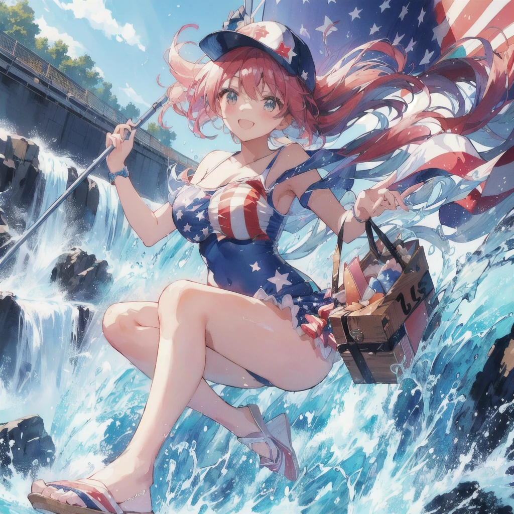 Anime girl wearing an American flag swimsuit holding the American flag in a waterfall, A big smile,80s anime,Ultra HD Anime Wallpaper, anime art wallpaper 4k, anime art wallpaper 4k, Anime Style 4k, 4k anime wallpaper, Anime Art Wallpapers 8K, anime wallpaper 4k, anime wallpaper 4k, 4K Manga Wallpapers, HD Anime Wallpaper, everyone, Wallpaper Anime Blue Water