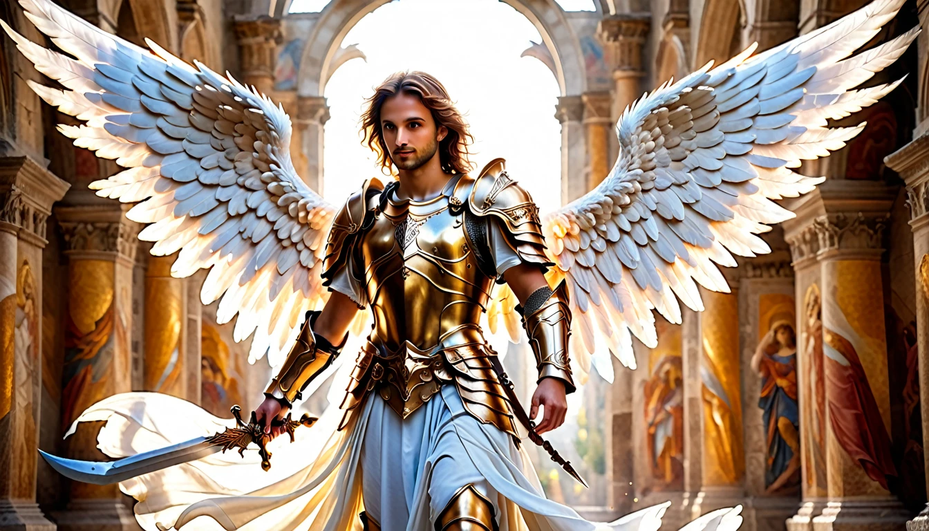 a fresco art of an angel knight, spread angelic wings, soft light,  full body shot, dynamic background(Masterpiece: 1.5), Vibrant, Ultra-high resolution, High Contrast, (masterpiece:1.2), highest quality, Best aesthetics), best details, best quality, highres, ultra wide angle, 16k, [ultra detailed], masterpiece, best quality, (extremely detailed), intense gaze