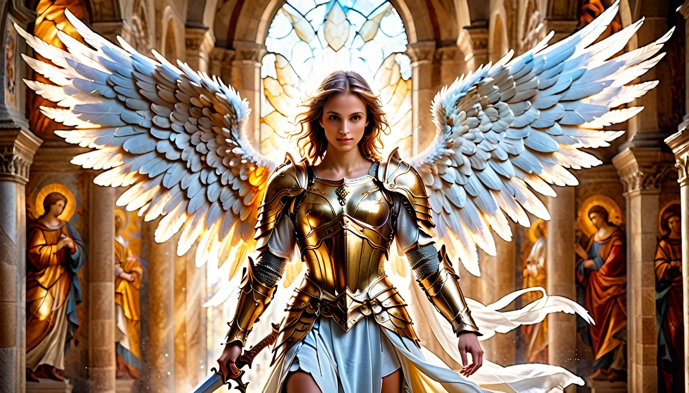 a fresco art of an angel knight, spread angelic wings, soft light,  full body shot, dynamic background(Masterpiece: 1.5), Vibrant, Ultra-high resolution, High Contrast, (masterpiece:1.2), highest quality, Best aesthetics), best details, best quality, highres, ultra wide angle, 16k, [ultra detailed], masterpiece, best quality, (extremely detailed), intense gaze