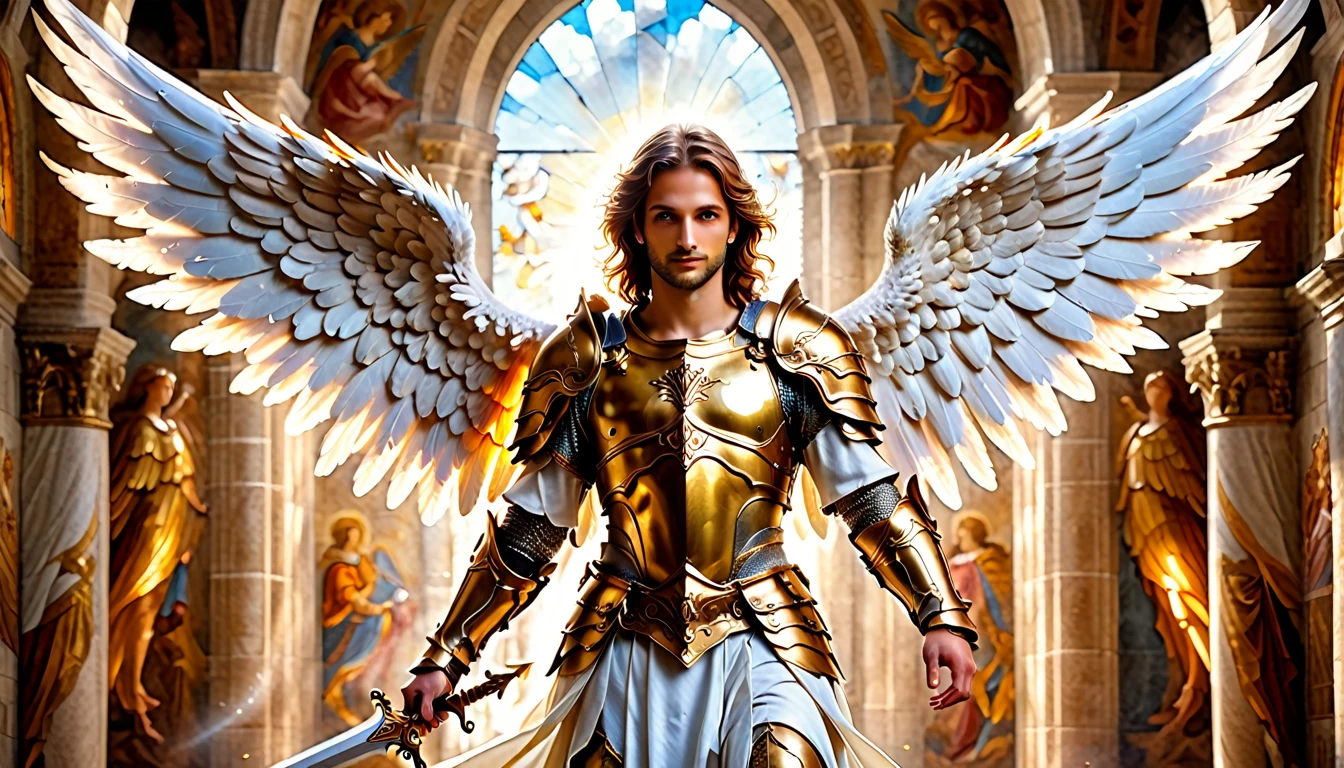 a fresco art of an angel knight, spread angelic wings, soft light,  full body shot, dynamic background(Masterpiece: 1.5), Vibrant, Ultra-high resolution, High Contrast, (masterpiece:1.2), highest quality, Best aesthetics), best details, best quality, highres, ultra wide angle, 16k, [ultra detailed], masterpiece, best quality, (extremely detailed), intense gaze