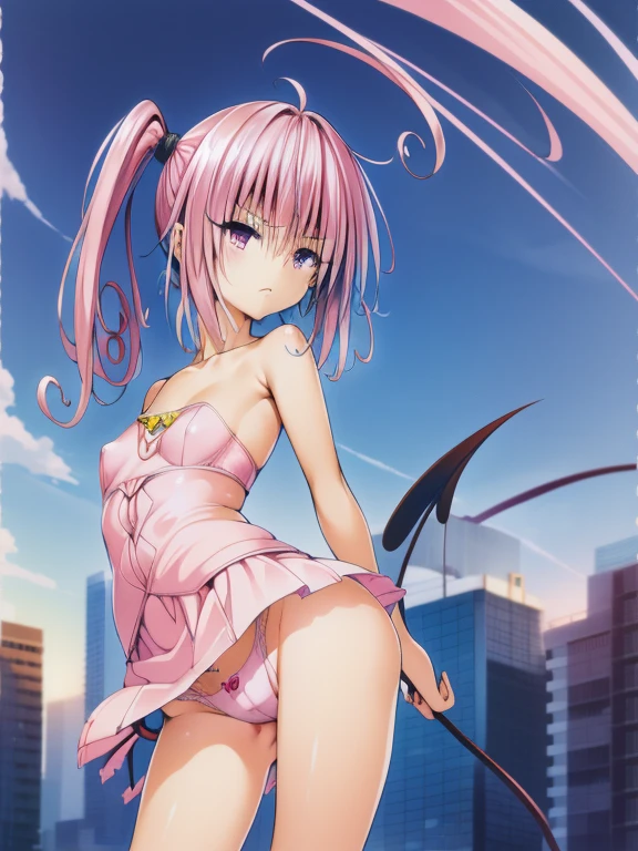 Nana,breasts out,bustier,miniskirt,panties:pink panties:pink bra,upskirt,girl,demon tail,side ponytail,pink hair,expressionless,Turning a page,looking at viewer