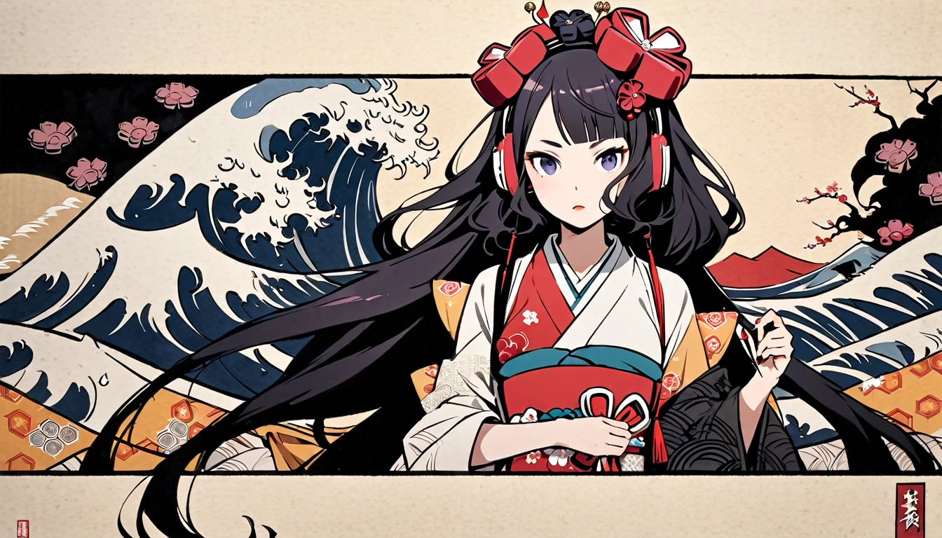 (((Highest quality))), (((Katsushika Hokusai))), (((Ink Painting))), ((very straight longhair)), ((1 girl)), ((cherry blossoms)), ((beautiful girl)), Japanese style headphones, Black Hair, Delicate and precise, Modern ukiyo-e style, Kirin