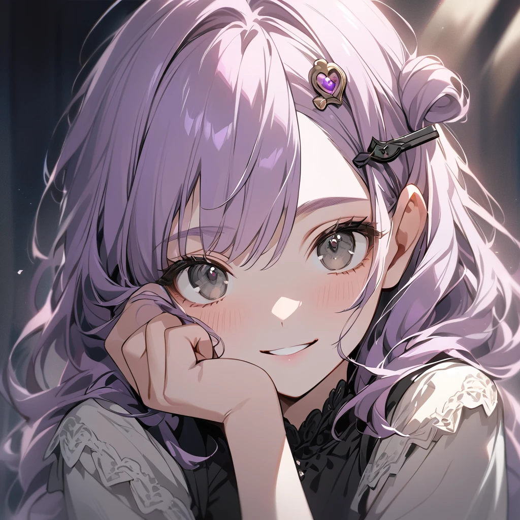 (Cute a girl:1.5), (a girl with closs hair pin,pale purple hair,bluntbangs hair,green and black eyes, a white smiling mask covers one side of face, portrait, look at viewer:1.4), (masterpiece:1.3), anime visual, (Lovey-dovey:1.5), (tilt head:1.3), extremely delicate face, soft clean focus, realistic lighting and shading, (an extremely delicate and beautiful art:1.3), elegant, (muted colors:1.1), small breast,