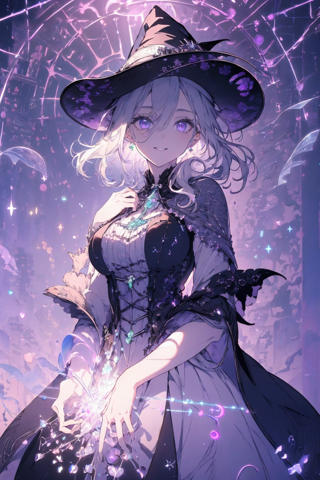 (witchcraft photo:1.1,in neon downtown:1.5), Masterpiece, best quality, (very detailed CG unity 8k wallpaper), (best quality), High definition RAW color art, Animation,sculptures, (silver Marble Skin), (((Ultra detailed elegant))), Magical atmosphere, Detailed skin, Texture,(Intricately detailed, Fine detail, ultra-detail art), depth of fields, bokeh, Silky Touch, Hyper Detail, beautiful eyes, Elegant Face, (ローブ, hands up), sparkle background, (silver hair), pastel purple, fat, shorthair, dress, フリル, witchcraft hat, Round Glass:1.4, enormous breast, リボン, kawaii smile