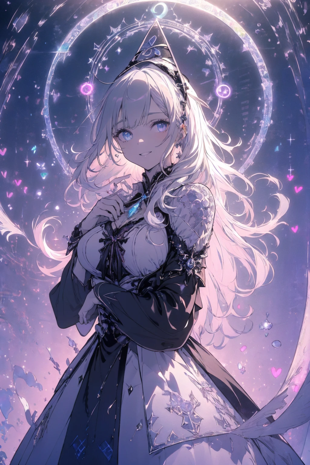 (witchcraft photo:1.1,in neon downtown:1.5), Masterpiece, best quality, (very detailed CG unity 8k wallpaper), (best quality), High definition RAW color art, Animation,sculptures, (silver Marble Skin), (((Ultra detailed elegant))), Magical atmosphere, Detailed skin, Texture,(Intricately detailed, Fine detail, ultra-detail art), depth of fields, bokeh, Silky Touch, Hyper Detail, beautiful eyes, Elegant Face, (ローブ, hands up), sparkle background, (silver hair), pastel purple, fat, shorthair, dress, フリル, witchcraft hat, Round Glass:1.4, enormous breast, リボン, kawaii smile