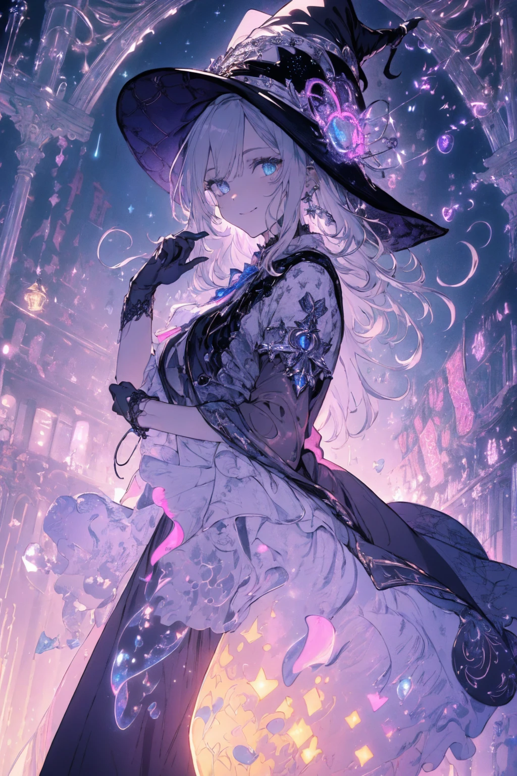 (witchcraft photo:1.1,in neon downtown:1.5), Masterpiece, best quality, (very detailed CG unity 8k wallpaper), (best quality), High definition RAW color art, Animation,sculptures, (silver Marble Skin), (((Ultra detailed elegant))), Magical atmosphere, Detailed skin, Texture,(Intricately detailed, Fine detail, ultra-detail art), depth of fields, bokeh, Silky Touch, Hyper Detail, beautiful eyes, Elegant Face, (ローブ, hands up), sparkle background, (silver hair), pastel purple, fat, shorthair, dress, フリル, witchcraft hat, Round Glass:1.4, enormous breast, リボン, kawaii smile