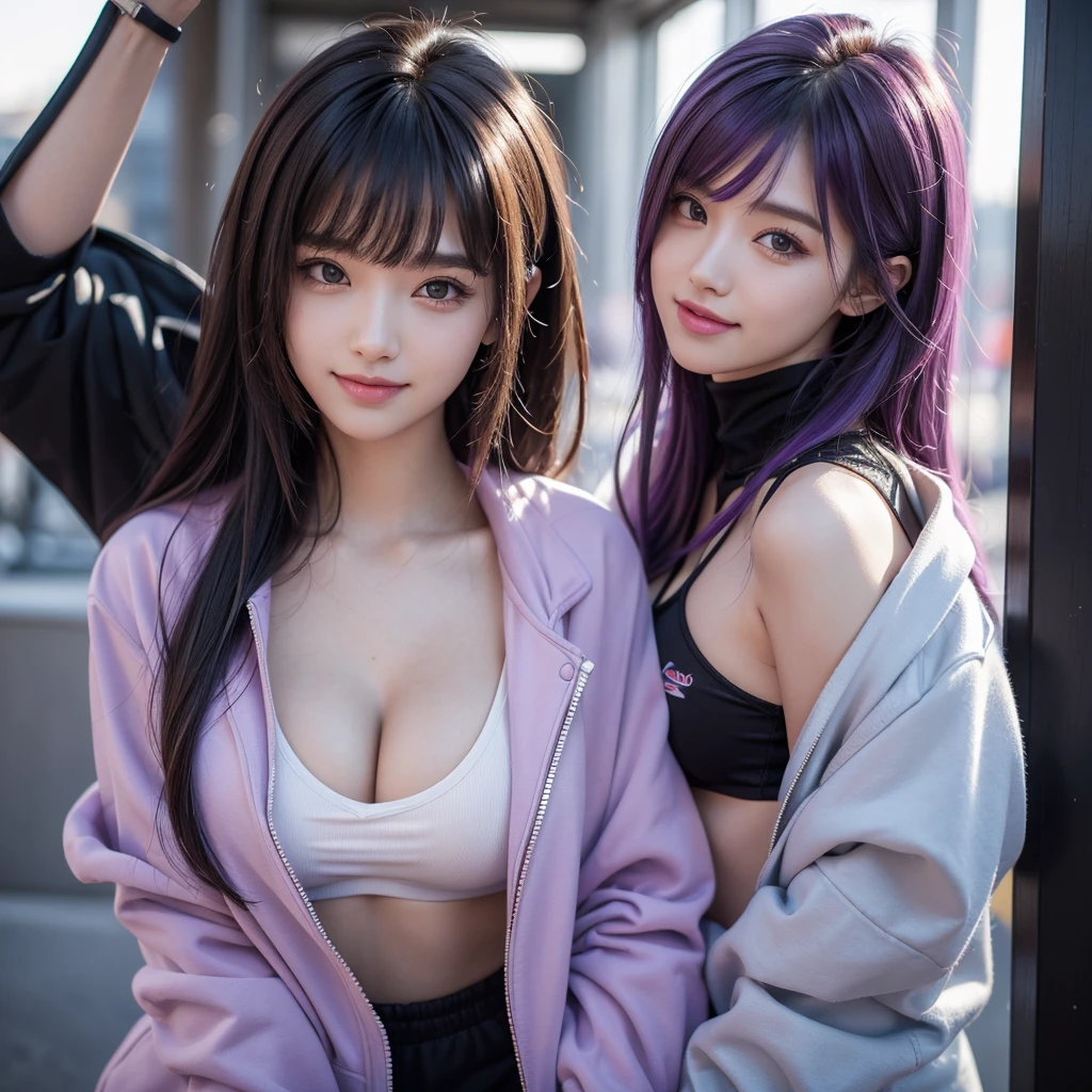 (best quality,8K,high school girl,zippered track jacket,smiling,gravure idol,Model,beautiful girl,down hair,alluring girl,masterpiece,highest masterpiece,Long bangs down，Beautiful pretty girl， hair,perfect face,big bust,cleavage,erotic cute,sexy girl)，Angelic cute girl，Naughty Girls，Too beautiful girl，Future Fashion，Colorful，Future Girl，cyberpunk girl，Future Fashion，Cutting-edge fashion，Purple hair color，perfection，Beauty No.1