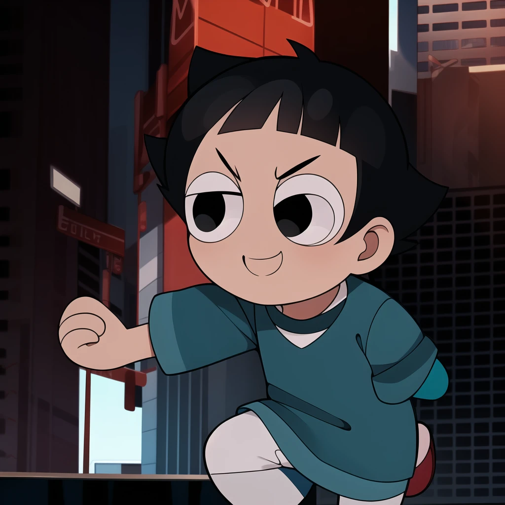 boy, shirt, short sleeves, pants, cute smile, full body, chibi, black hair, city background, (((Solo)))