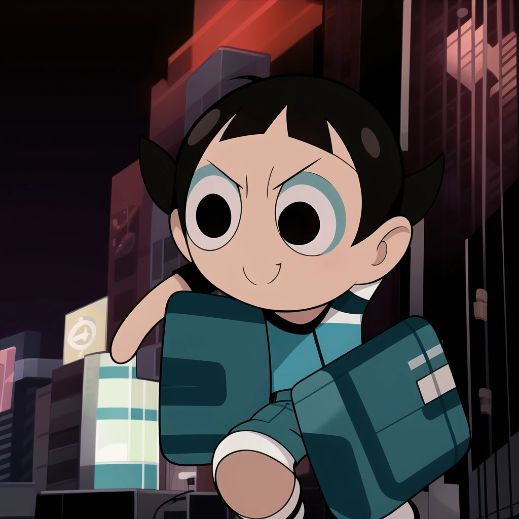 boy, shirt, short sleeves, pants, cute smile, full body, chibi, black hair, city background, (((Solo)))