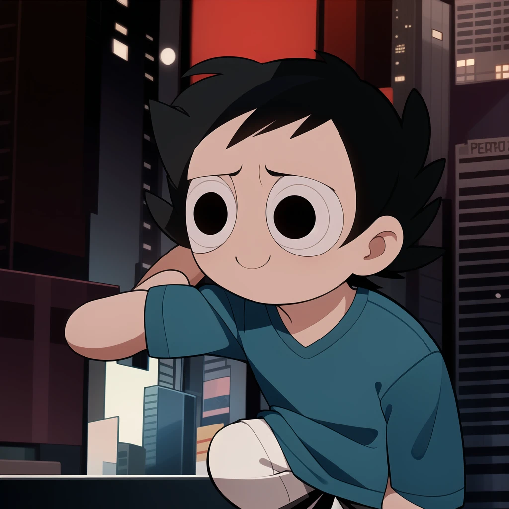 boy, shirt, short sleeves, pants, cute smile, full body, chibi, black hair, city background, (((Solo)))