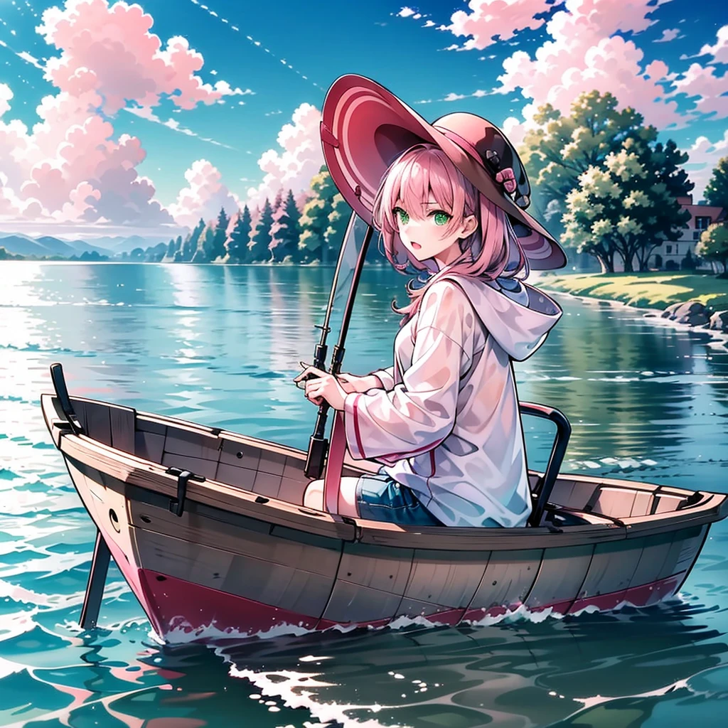 (1 Girl: 1.1) ,((Pink Hair)),((Green Eyes)), Angler, With fish, Expression of joy, hat, river, boat