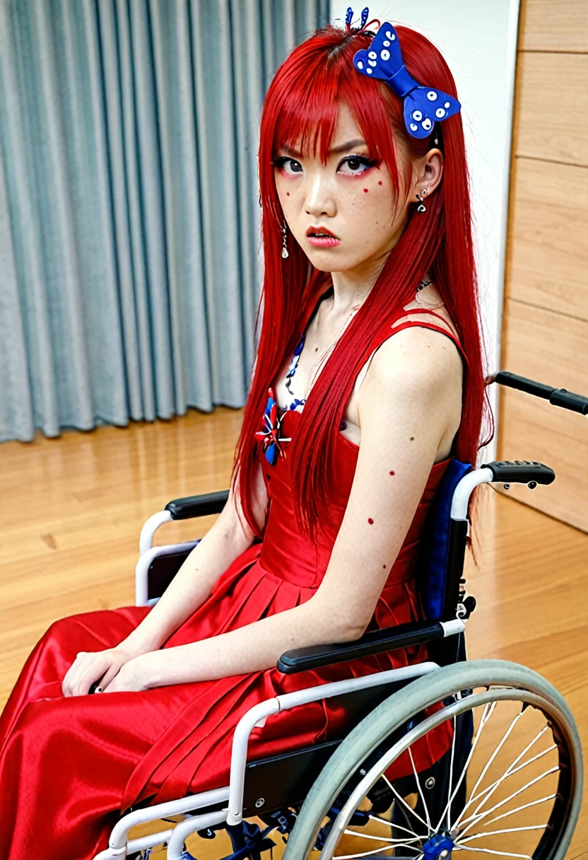 Uhd, photo of Cami, subject: Noriko, 1/2 Japanese 1/2 Hainu skinny girl in 2/00 a large red wheelchair with long red hair, blue+++ eyes, oval face, LGBTQIA+, queer, punk style, wearing red long dress, buttefly hairclip, tattooes. She is very angry and looks towards the camera..