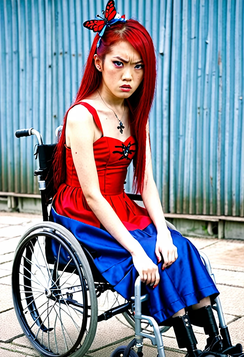 Uhd, photo of Cami, subject: Noriko, 1/2 Japanese 1/2 Hainu skinny girl in 2/00 a large red wheelchair with long red hair, blue+++ eyes, oval face, LGBTQIA+, queer, punk style, wearing red long dress, buttefly hairclip, tattooes.  She is very angry and looks towards the camera..