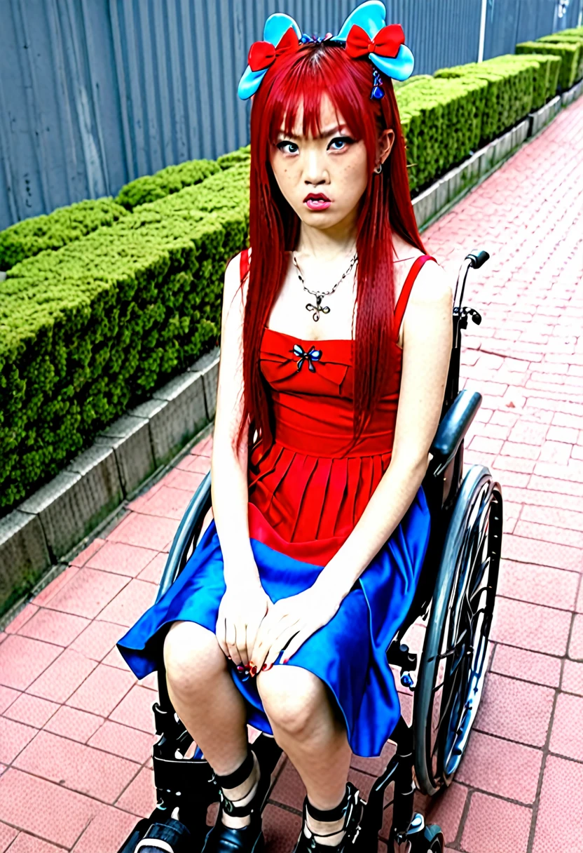 Uhd, photo of Cami, subject: Noriko, 1/2 Japanese 1/2 Hainu skinny girl in 2/00 a large red wheelchair with long red hair, blue+++ eyes, oval face, LGBTQIA+, queer, punk style, wearing red long dress, buttefly hairclip, tattooes.  She is very angry and looks towards the camera..